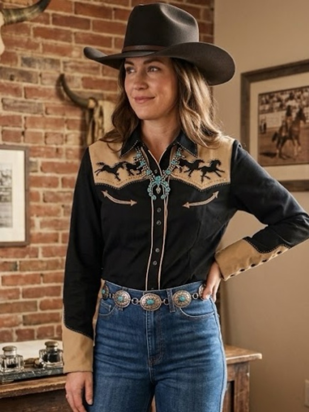 Scully Black Western Shirt with beaded Horses and Tan trim